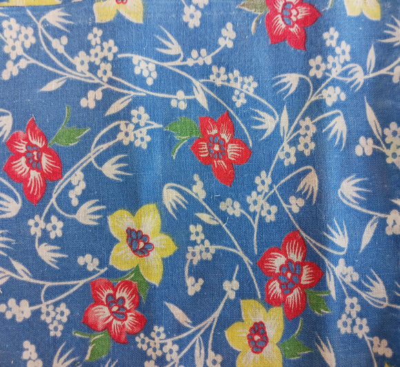 Vintage Fabric-Red And Yellow Flowers on Blue