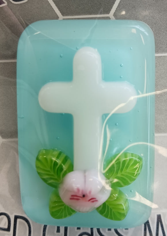 Cross on Aqua with Pink Flower
