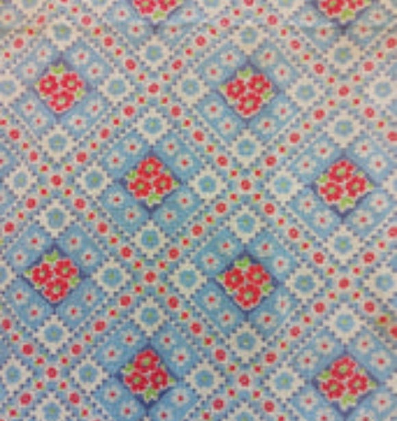 Vintage Fabric-Red, White and Blue Flowered Diamonds