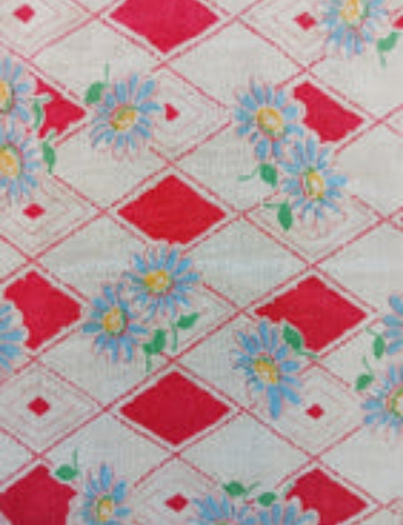 Vintage Fabric- Blue Flowers on Pink and Cream Diamonds